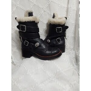 Coach Black Leather Shearling Moto Boots Buckle Strap Front Zip Size 7B